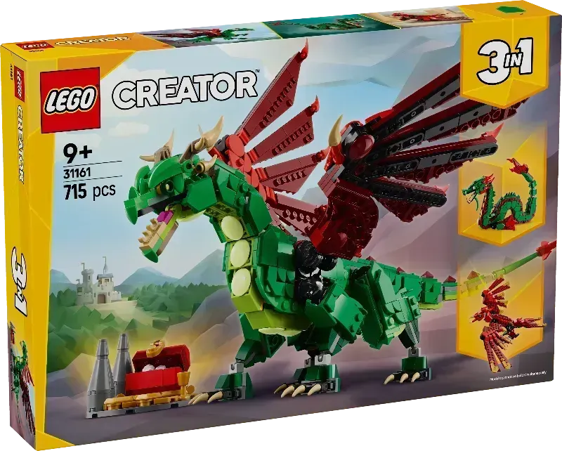 LEGO 31161 Middeleeuwse Draak: Vlieg naar een wereld vol fantasie!
Ontketen de magie van de middeleeuwen met de LEGO 31161 Middeleeuwse draak! Bouw deze indrukwekkende draak met zijn vurige ogen, scherpe klauwen en een spanwijdte van maar liefst 32 cm! Met maar liefst 853 LEGO stenen en 3 minifiguurtjes is dit een bouwset die urenlang bouwplezier biedt.