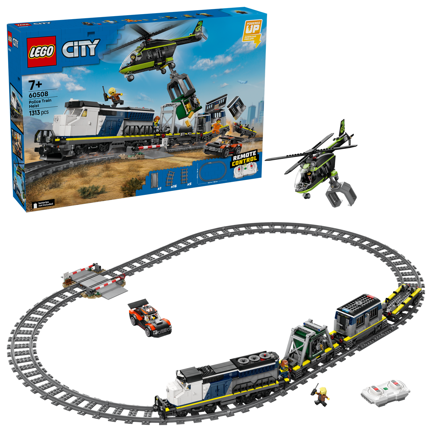 LEGO City Overval op Politietrein Speelgoed voor Kinderen - Trein Bouwpakket met Ovaal Spoor, Helikopter, Rallyauto en 6 Minifiguren - Verjaardagscadeau voor Jongens vanaf 7 Jaar - 60508
